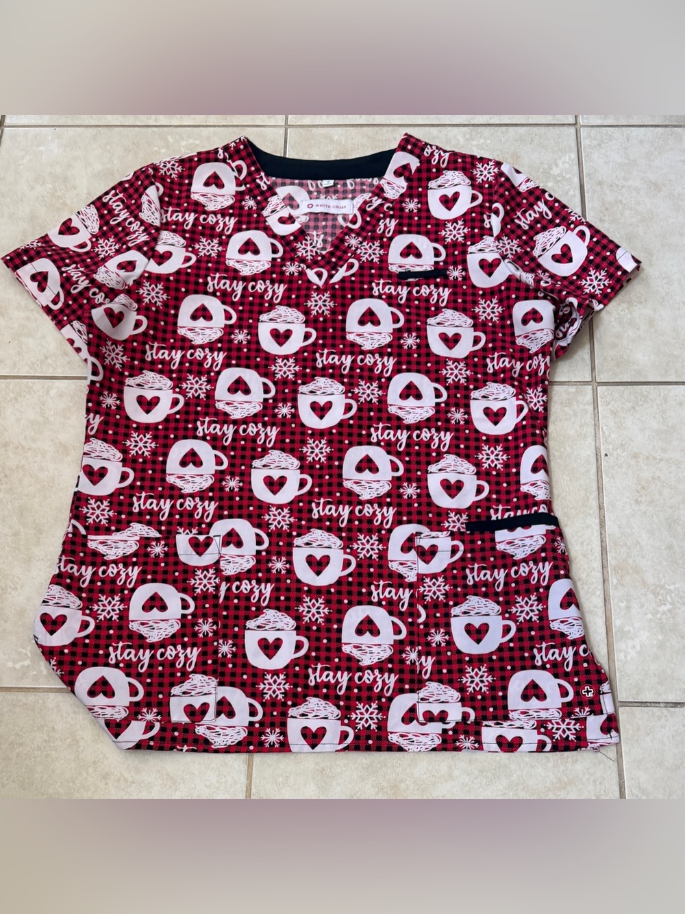 White Cross Stay Cozy Scrub Top